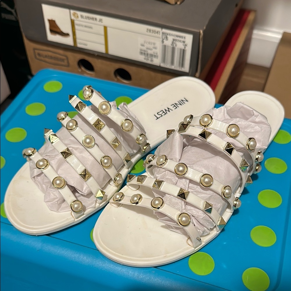 Nine West White Studded Slide Sandals